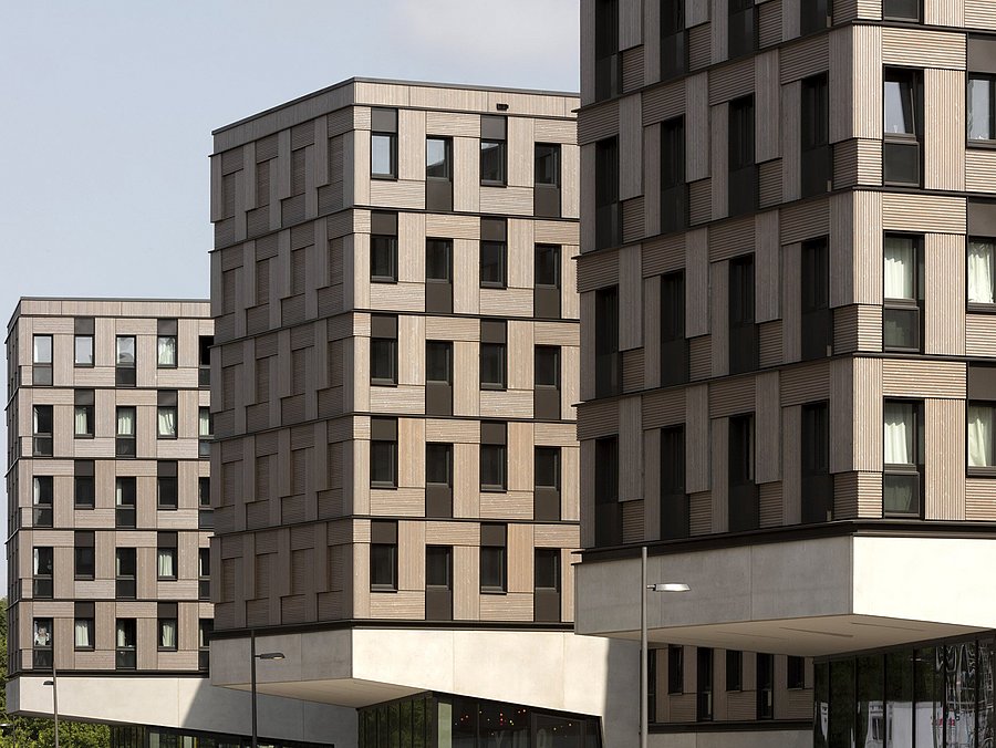 Außenansicht des Studierendenwohnheims WOODIE in Hamburg