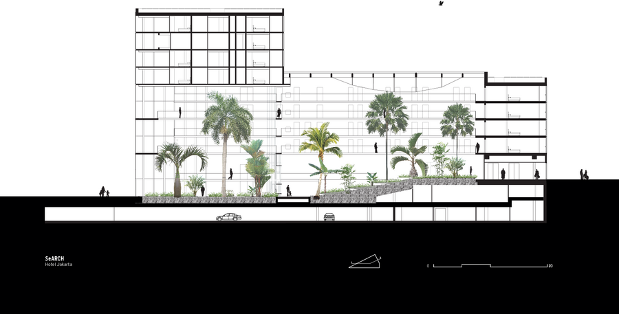 Gebäudeschnitt des Hotel Jakarta mit Darstellung des Innenhofs und der Gebäudestruktur